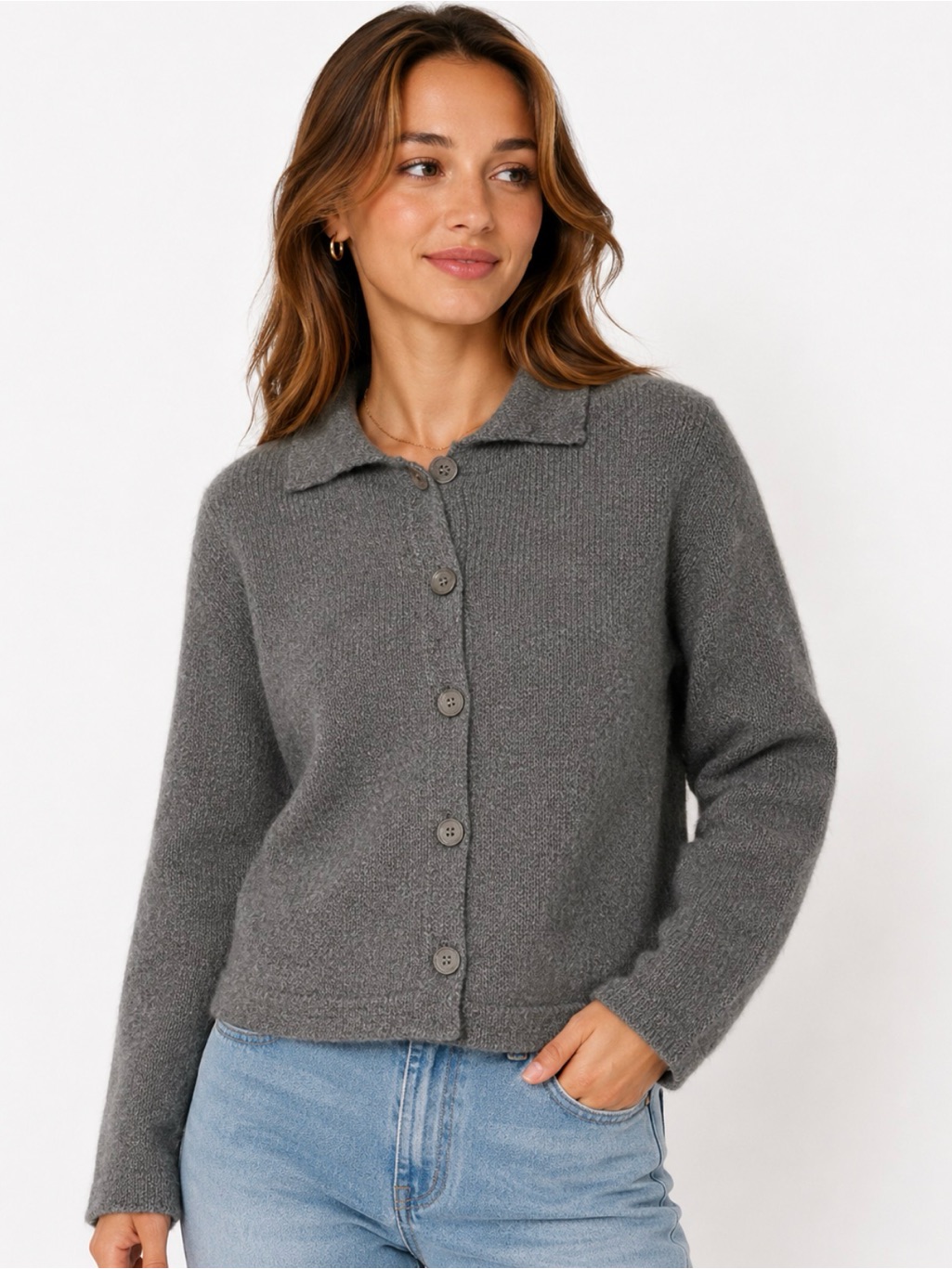 Woolovers Vintage 100% Wool Women's Grey Button-Front Wool Cardigan